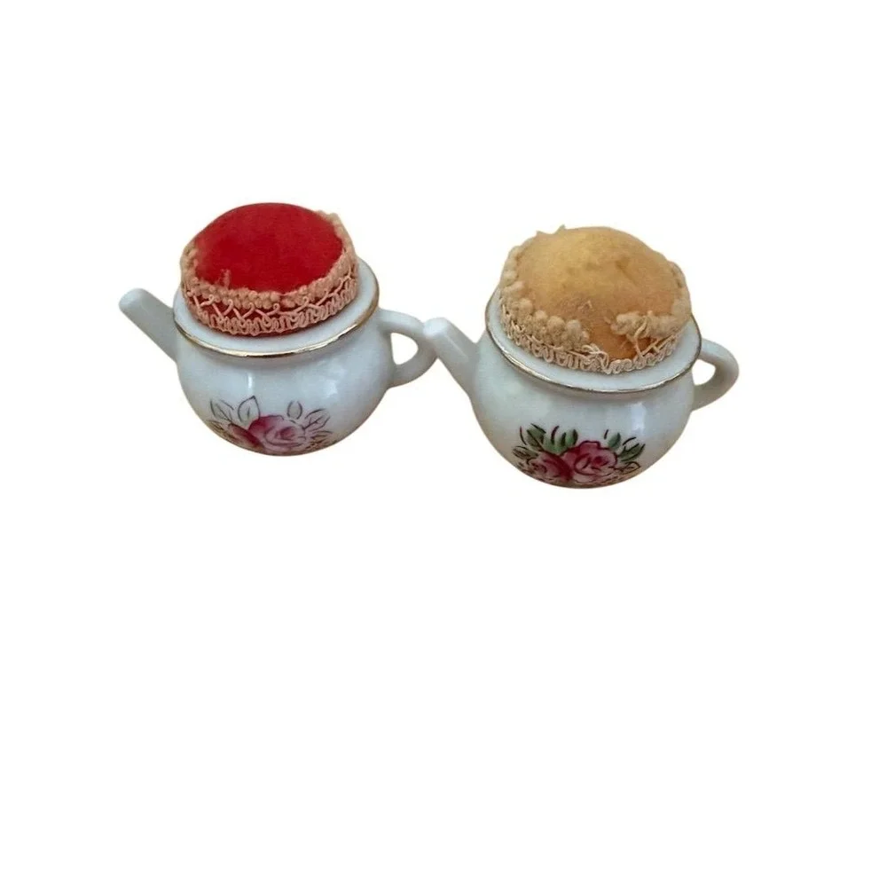 Vintage Enesco Porcelain Teapot Pincushion Set sewing‎ set of 2